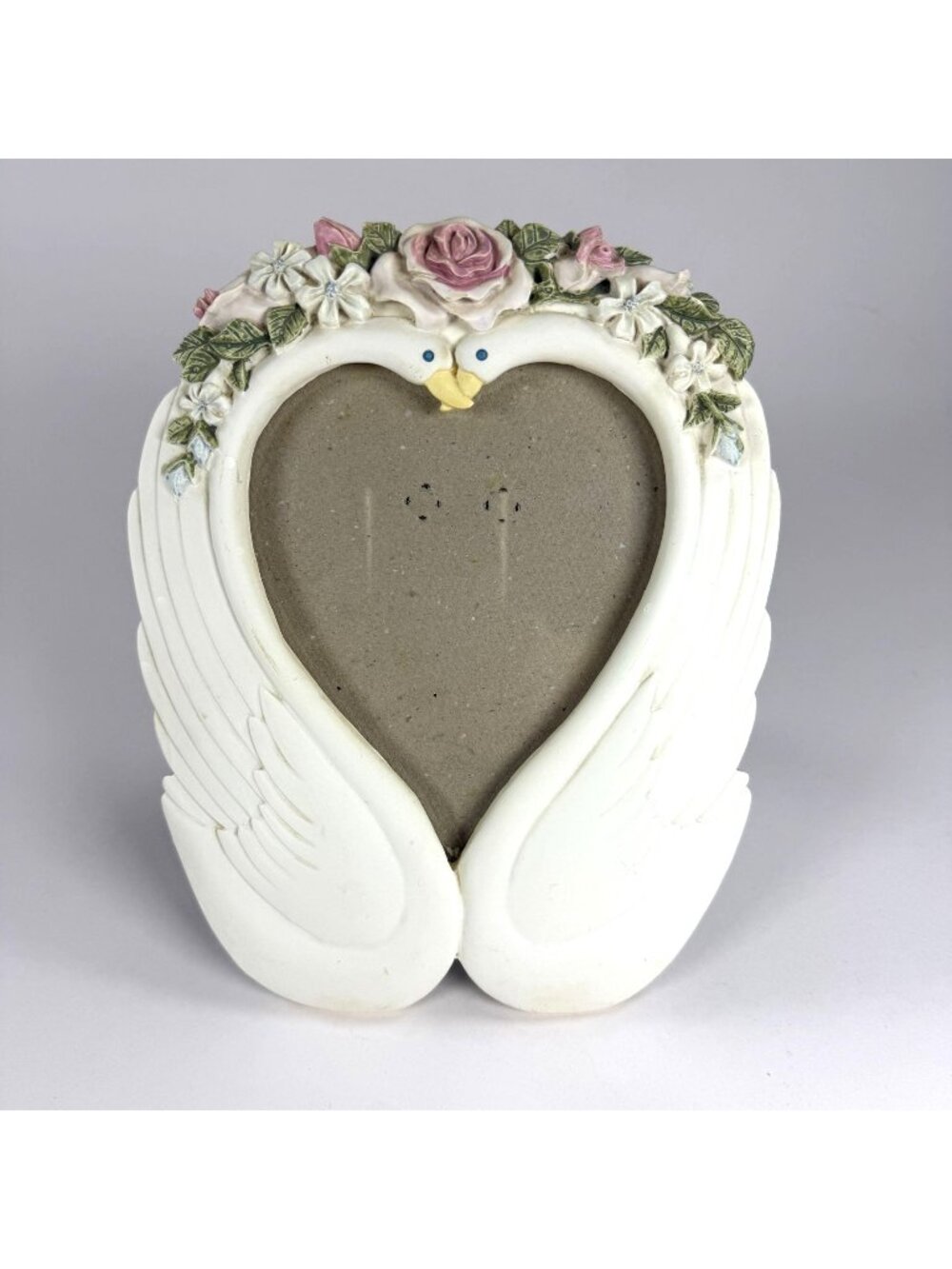Heart-Shaped Swan Photo Frame Hand-Painted Floral Accent Resin 9" Tabletop Decor